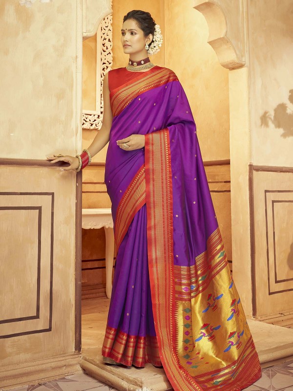 Purple Soft Silk Paithani Print Saree